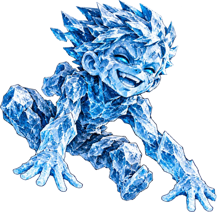 A boy made of cracked ice, laughing