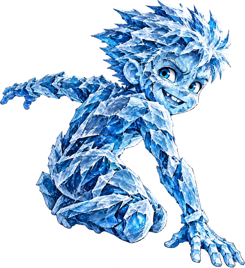 A boy made of ice skidding on one knee and grinning over his shoulder