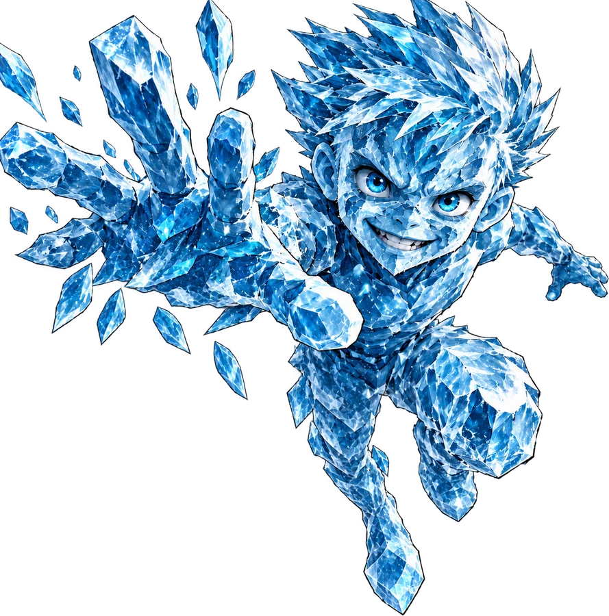 A grinning boy made of cracked ice lunging out of the cave