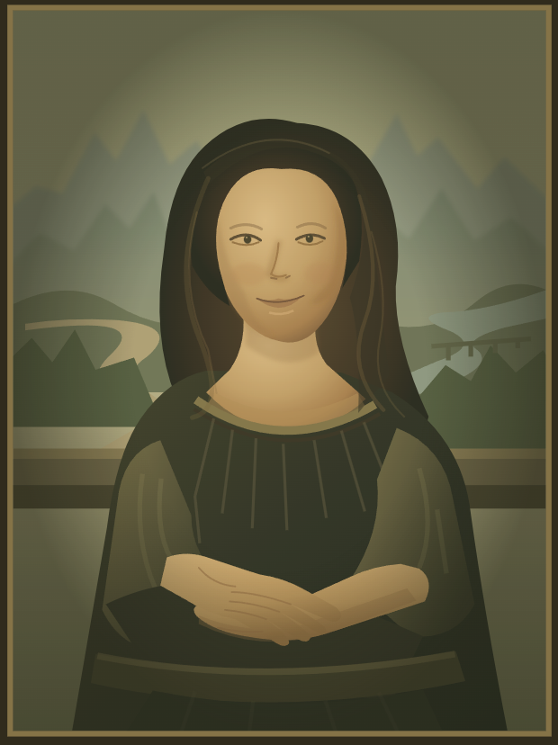 An SVG interpretation of the Mona Lisa, with folded hands and a landscape background.