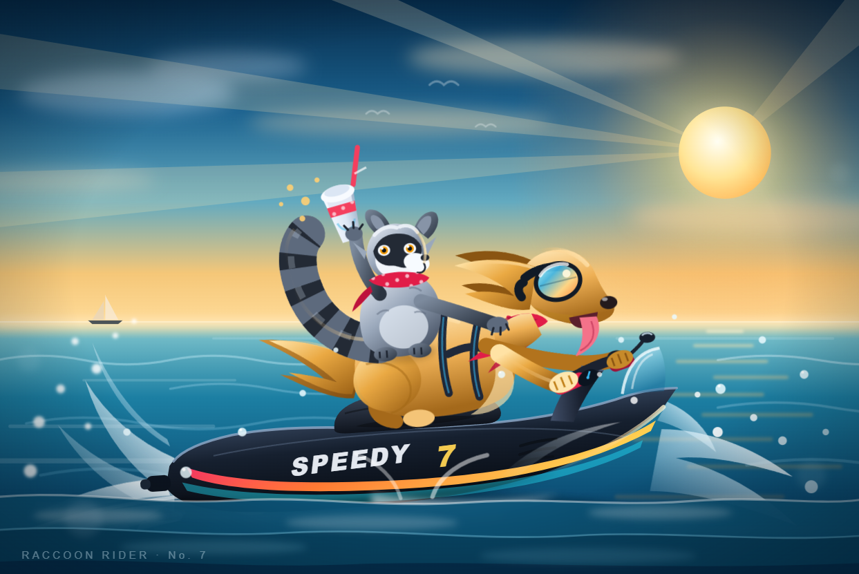 Pixel Canary’s SVG of a raccoon holding a drink on a goggle-wearing dog’s back as the dog steers a jet ski across the sea.