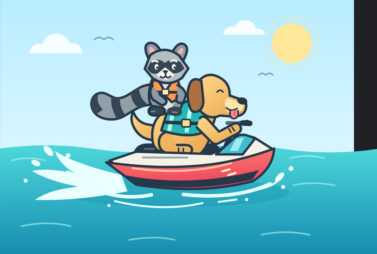 A raccoon rides on a dog as the dog steers a red jet ski.