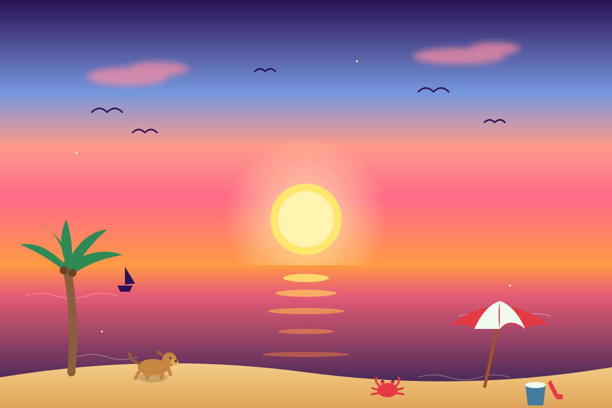A golden sunset reflected in the sea, with a palm tree, turtle, crab and beach umbrella.