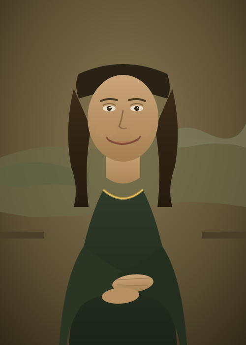 A simplified smiling Mona Lisa in a dark green dress against a muted landscape.