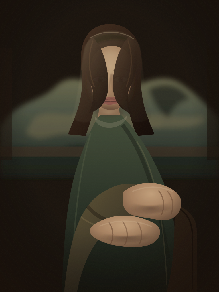 An elongated Mona Lisa portrait with a softly blurred landscape and indistinct facial features.