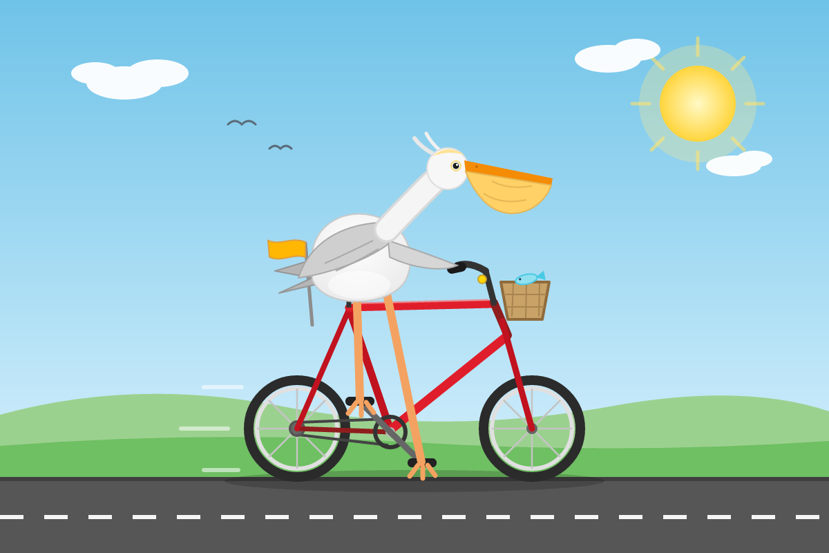 A white pelican on a red bicycle with a fish basket, on a road beneath a blue sky.