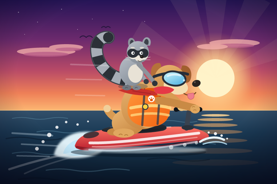 A raccoon rides on a goggled dog steering a red jet ski through a foamy wake at sunset.