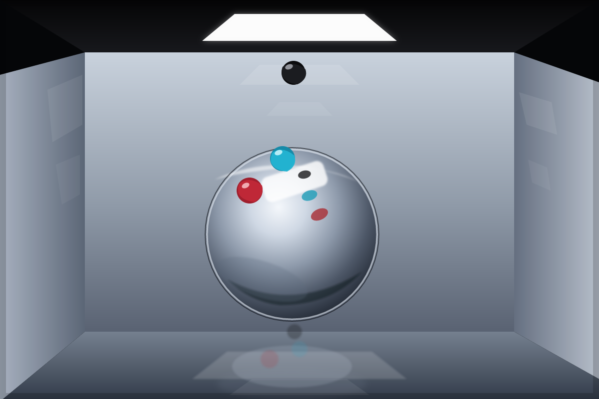 A silver sphere and three paint blobs in a mirror-walled room beneath a square ceiling light.