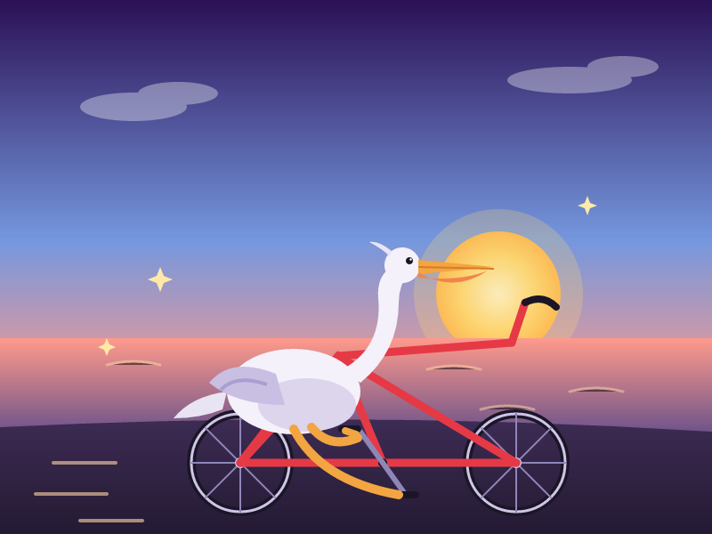 A white pelican on a red bicycle against a purple and orange sunset.