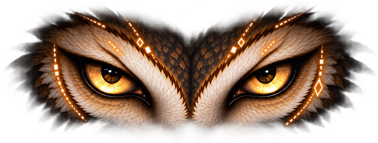 Watchful golden owl eyes emerging from shadow