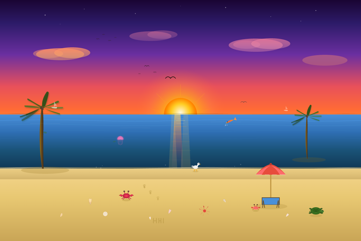 An orange sunset above blue water, with palms, crabs and a sea turtle.