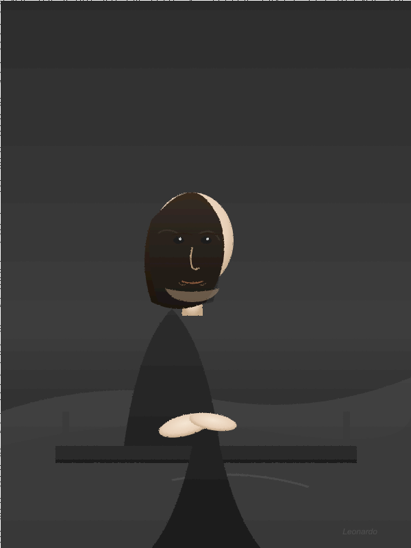 A spare geometric portrait with pale folded hands and a dark landscape.