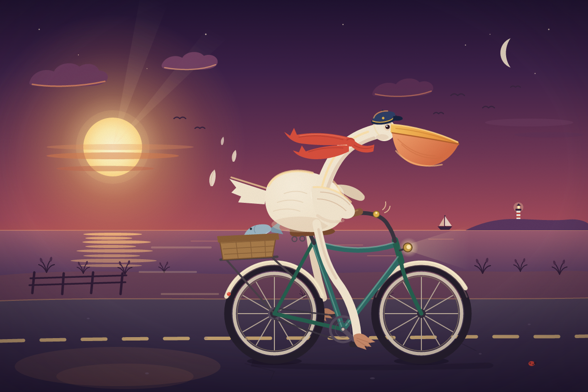 A scarf, a basket of fish and a distant lighthouse fill a carefully shaded coastal scene. The bicycle, feathers and evening light have far more detail than the other drawings.