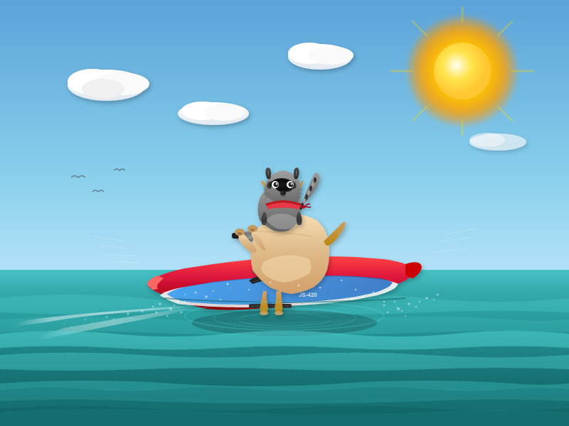 A small raccoon rides a round tan dog in front of a red-and-blue jet ski.