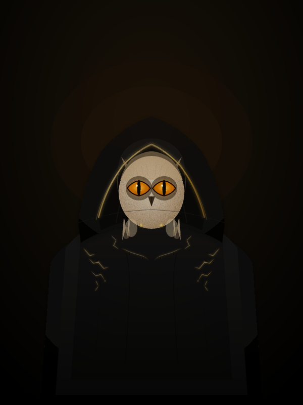 Amber eyes, a black hood and thin gold lines against a near-black background.