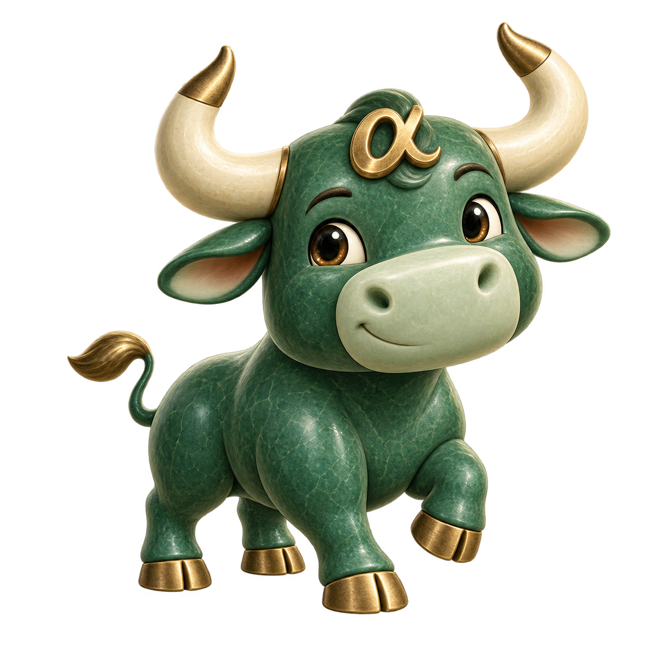 Ox Alpha’s friendly jade ox mascot with ivory and brass horns, a gold alpha forelock, and one lifted hoof.