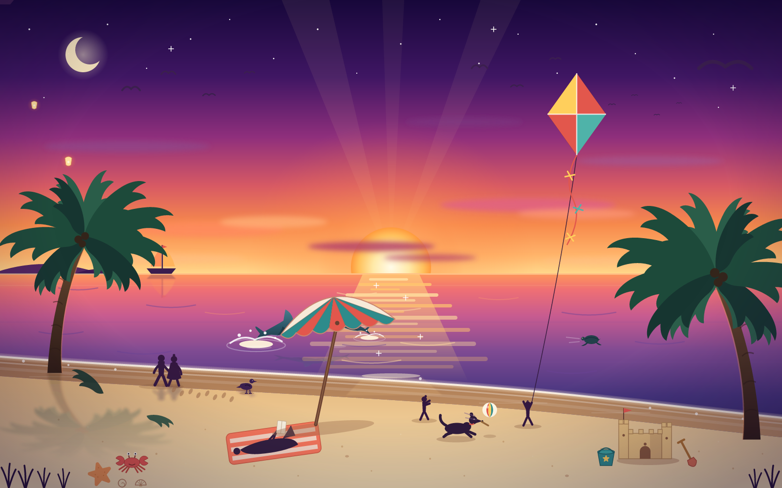 Palms, reflections, animals and a flying kite fill a colourful beach scene.