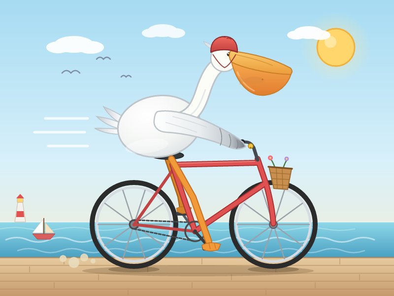 A helmeted pelican takes a red bicycle along the seafront.